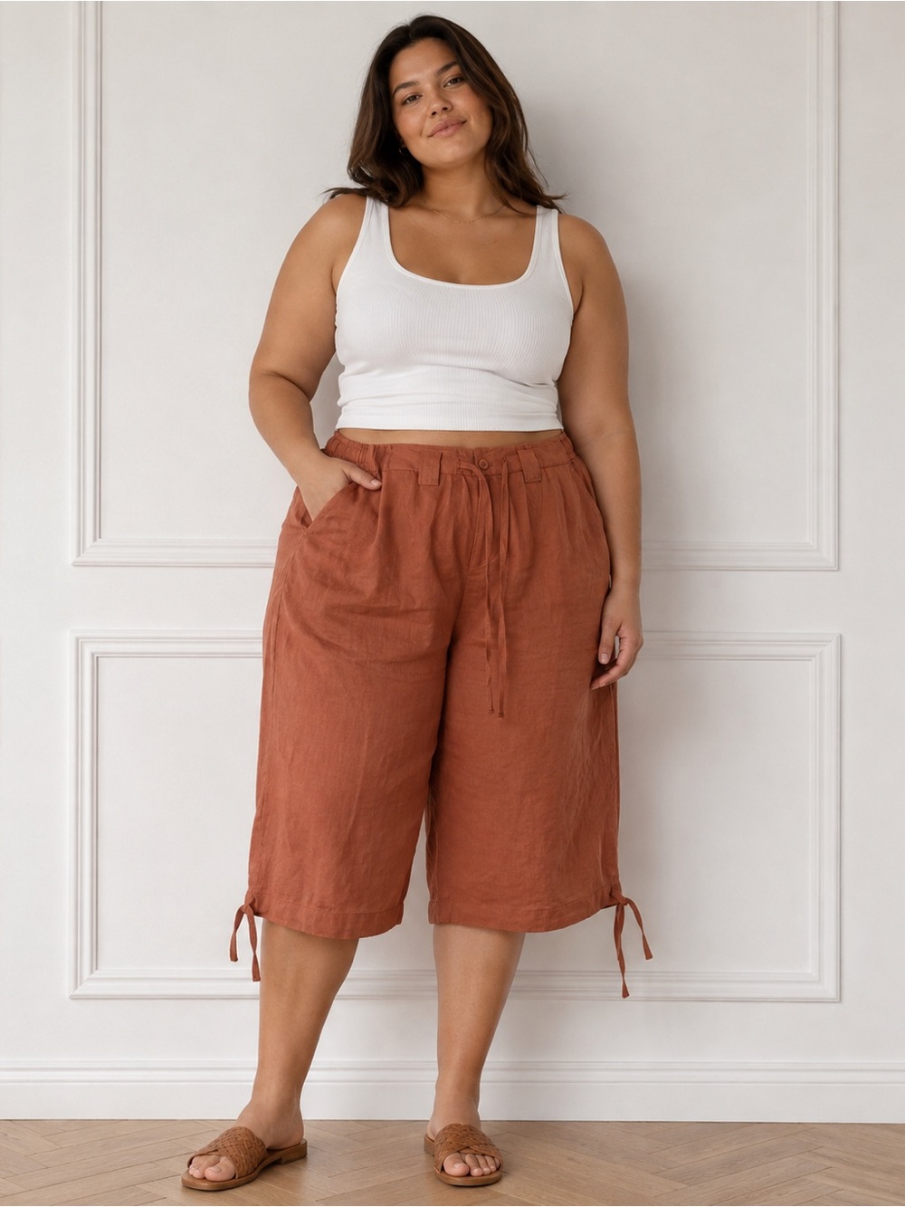 Plus-Size Rust Drawstring Culotte Trousers